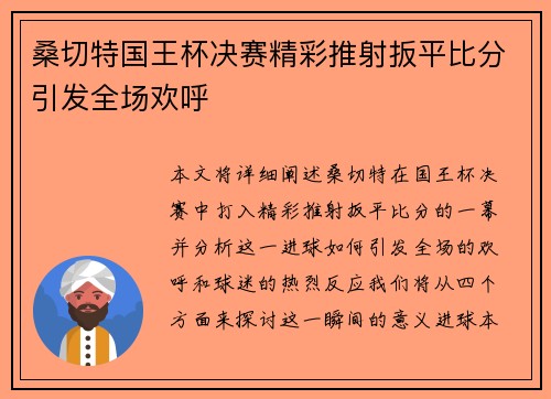 桑切特国王杯决赛精彩推射扳平比分引发全场欢呼