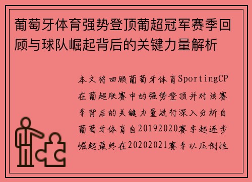 葡萄牙体育强势登顶葡超冠军赛季回顾与球队崛起背后的关键力量解析 葡萄牙体育强势登顶葡超冠军赛季回顾与球队崛起背后的关键力量解析