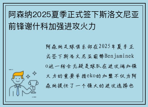 阿森纳2025夏季正式签下斯洛文尼亚前锋谢什科加强进攻火力